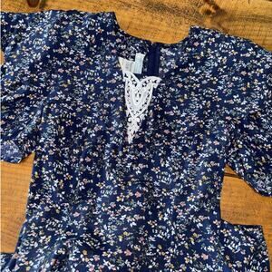 GUNNE‎ SAX Womens Navy Blue Floral Long Prairie Cottage Short Sleeve Vtg Dress